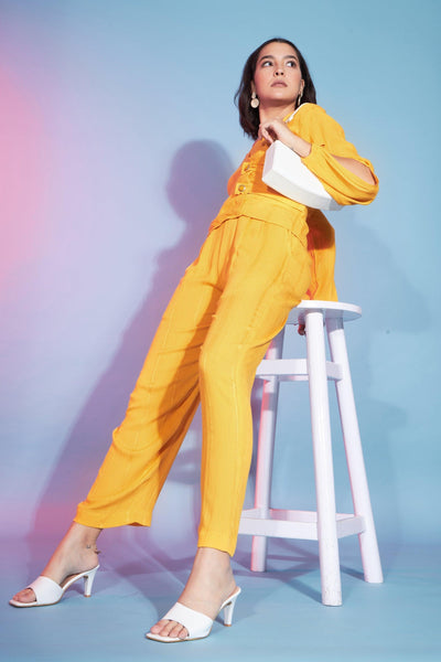 Yellow Rayon Viscose Fabric Party Wear Designer Readymade Co-Ord Set.