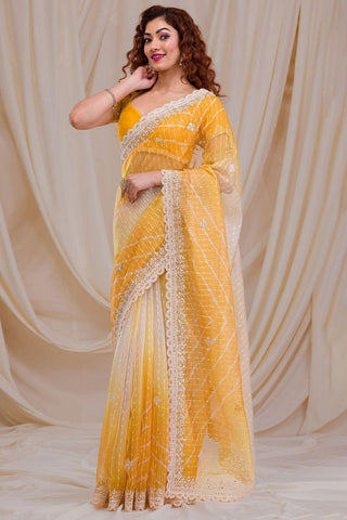 Yellow Color Fancy Work Glamorous Party Style Georgette Saree.