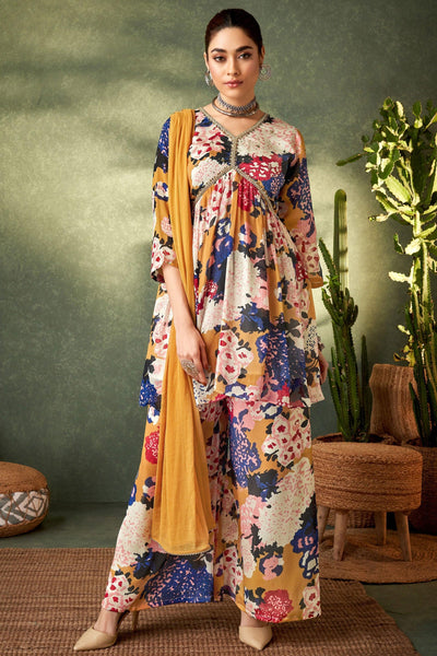 Multi Color Chinon Readymade Printed Palazzo Suit.