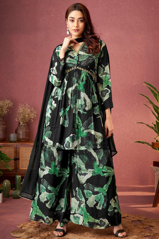Multi Color Chinon Readymade Palazzo Suit With Embroidery Work.