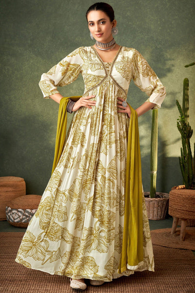 White Color Printed Readymade Gown In Chinon Fabric.