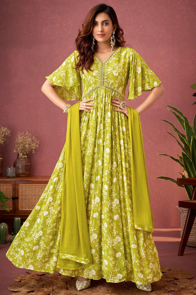 Green Color Chinon Readymade Gown With Embroidery Work.