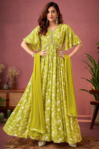 Green Color Chinon Readymade Gown With Embroidery Work.