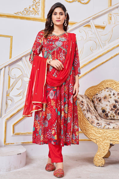 Chinon Fabric Fancy Printed Readymade Anarkali Suit In Red Color.