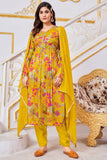 Yellow Color Printed Readymade Anarkali Suit In Chinon Fabric.