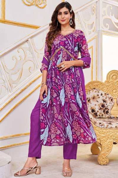 Purple Color Printed Readymade Anarkali Suit In Chinon Fabric.