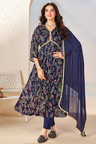 Navy Blue Color Printed Readymade Anarkali Suit In Chinon Fabric.