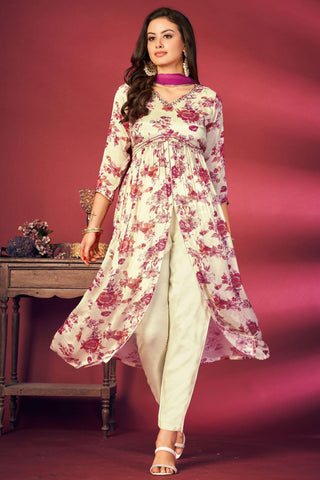 Beige Color Printed Readymade Anarkali Suit In Chinon Fabric.
