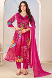 Printed Chinon Fabric Readymade Anarkali Suit In Rani Color.
