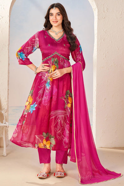 Printed Chinon Fabric Readymade Anarkali Suit In Rani Color.