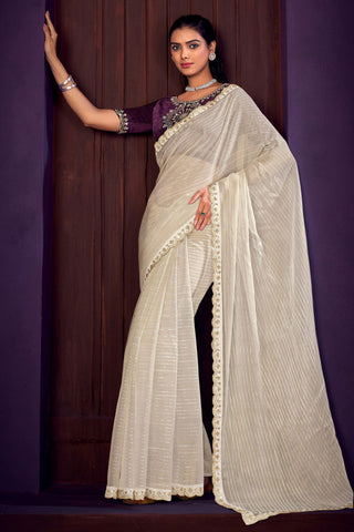 Stone Work Organza Fabric Off White Color Saree.