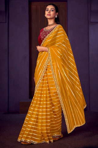 Mustard Color Stone Work Organza Fabric Function Wear Saree.