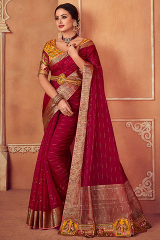Rani Color Border Work Organza Saree With Embroidered Designer Blouse.