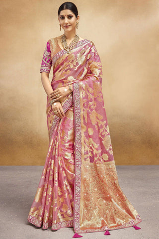 Pink Color Weaving Work Organza Fabric Party Style Saree.