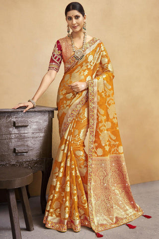 Radiant Orange Color Weaving Work Organza Fabric Saree.