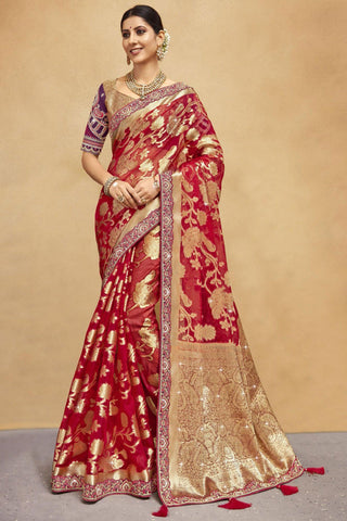 Red Color Trendy Weaving Work Organza Fabric Saree.