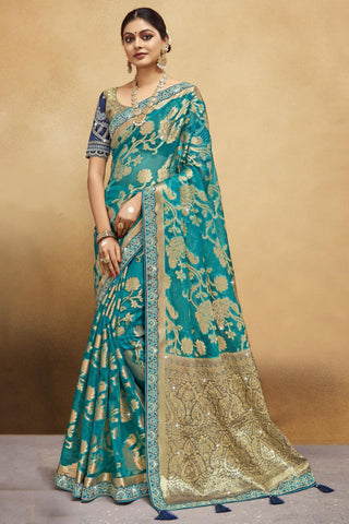 Weaving Work Cyan Color Organza Fabric Exclusive Saree.