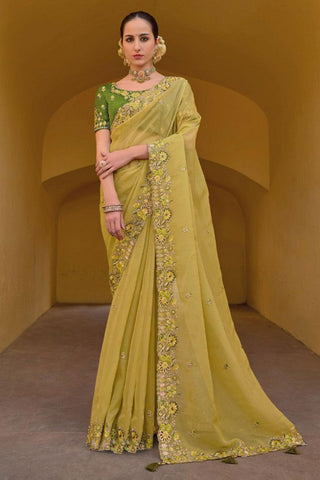 Beguiling Border Work On Green Color Organza Silk Fabric Saree.