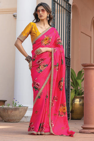 Tempting Viscose Fabric Rani Color Saree With Printed Work - women's fashion mart