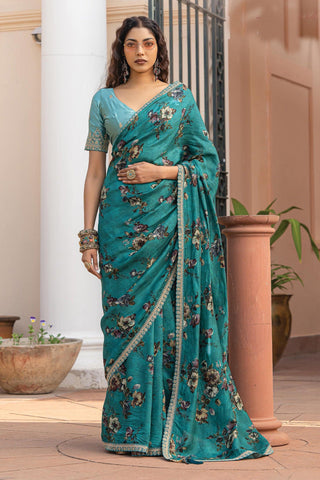 Viscose Fabric Sea Green Color Delicate Saree With Printed Work - women's fashion mart