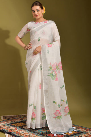 White Color Riveting Linen Fabric Saree With Printed Work - women's fashion mart