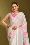 White Color Linen Fabric Engaging Printed Saree - women's fashion mart