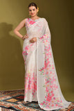 White Color Linen Fabric Engaging Printed Saree - women's fashion mart