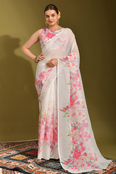 White Color Linen Fabric Engaging Printed Saree - women's fashion mart