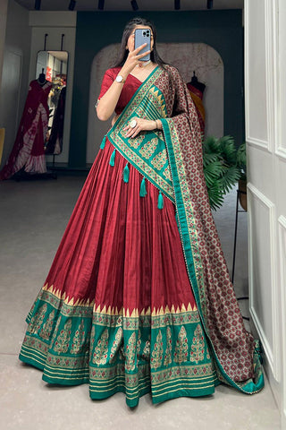 Art Silk Fabric Red Color Lehenga Choli With Winsome Foil Printed Work.