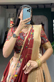 Peach Color Dola Silk Fabric Beatific kalamkari printed Lehenga.