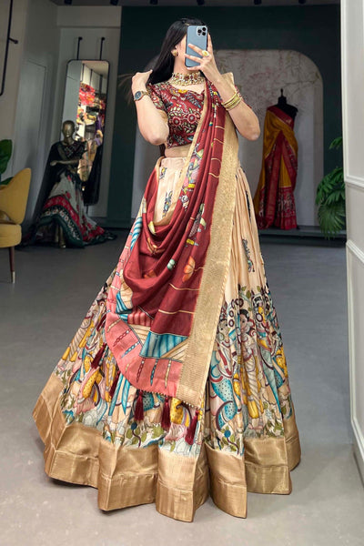 Peach Color Dola Silk Fabric Beatific kalamkari printed Lehenga.