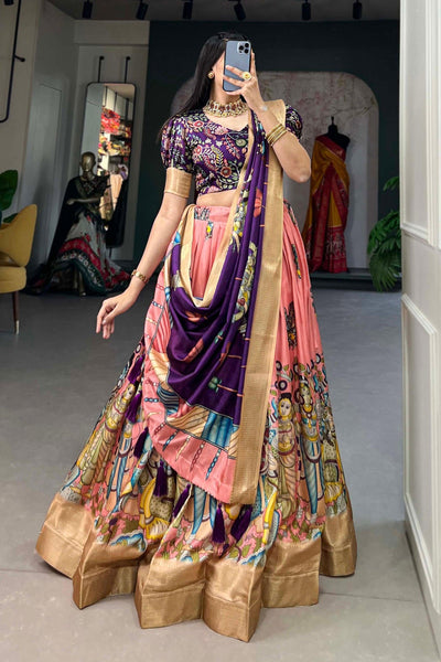 Beguiling Purple Color Dola Silk Fabric kalamkari printed Lehenga.