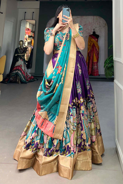 Excellent Dola Silk Fabric Cream Color kalamkari printed Lehenga.