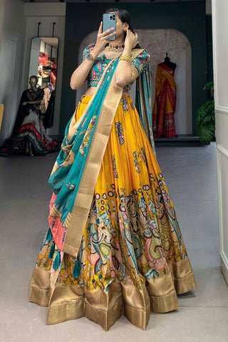 Incredible Dola Silk Fabric Yellow Color kalamkari printed Lehenga.