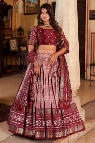 Attractive Art Silk Fabric Maroon Color Lehenga With Foil Printed Work.