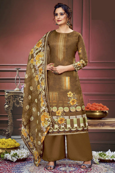 Marvellous Printed Work On Muslin Fabric Salwar Suit In Chikoo Color.