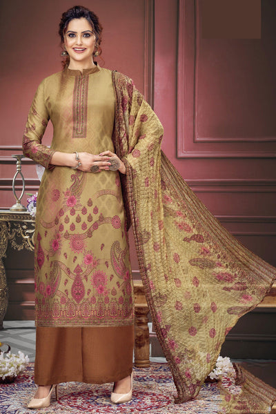 Amazing Beige Color Muslin Fabric Salwar Suit With Printed Work.
