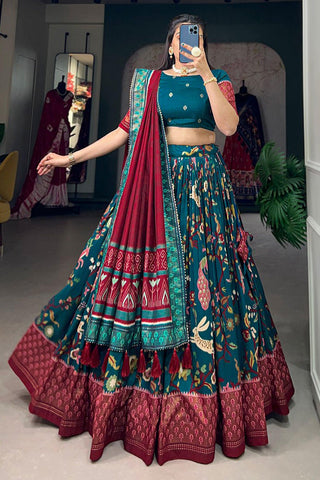 Art Silk Fabric Teal Color Graceful Function Wear Printed Lehenga.
