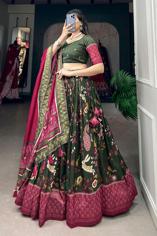 Art Silk Fabric Green Color Elegant Function Wear Printed Lehenga.