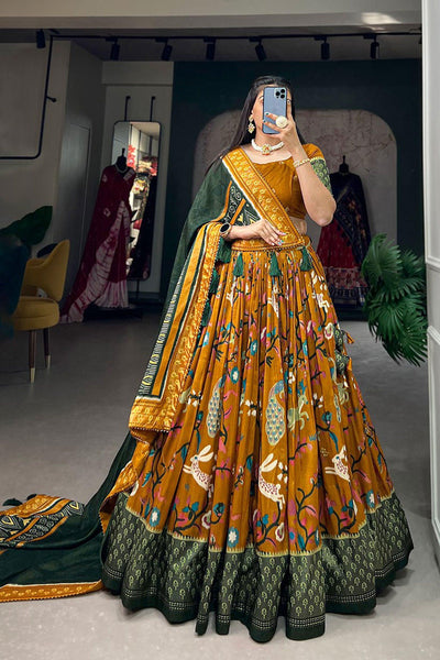 Traditional Function Wear Mustard Color Printed Lehenga In Art Silk Fabric.