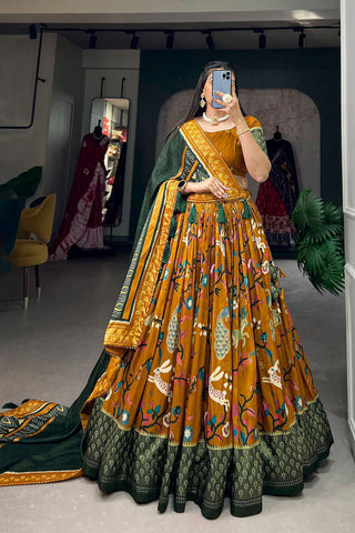 Traditional Function Wear Mustard Color Printed Lehenga In Art Silk Fabric.