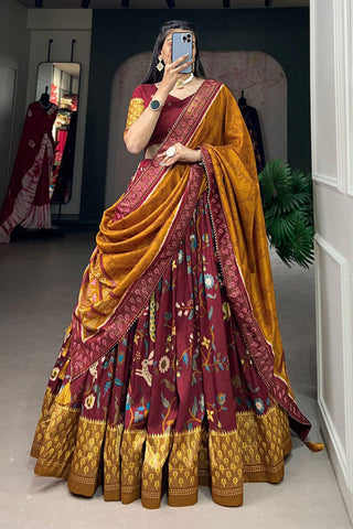 Art Silk Fabric Maroon Color Fantastic Function Wear Printed Lehenga.