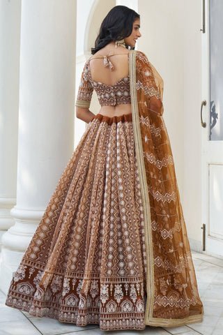 Amazing Sequins Work On Brown Color Net Fabric Lehenga.
