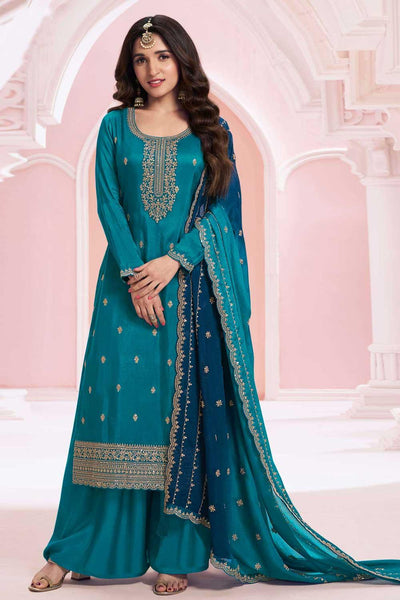 Nidhi shah Excellent Vichitra Fabric Teal Color Palazzo Suit - women's fashion mart