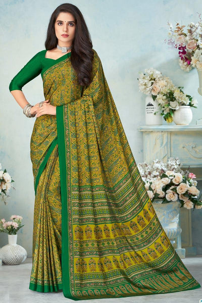 Captivating Crepe Silk Fabric Casual Wear Green Color Printed Uniform Saree.