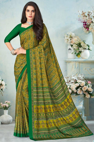 Captivating Crepe Silk Fabric Casual Wear Green Color Printed Uniform Saree.