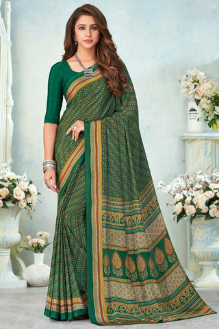 Stunning Dark Green Color Casual Wear Printed Uniform Saree In Crepe Silk Fabric.