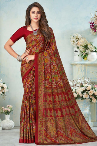 Vivacious Crepe Silk Fabric Casual Wear Printed Uniform Saree In Maroon Color.