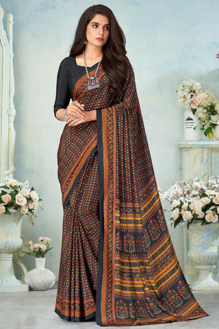 Black Color Crepe Silk Fabric Casual Wear Magnificent Printed Work Uniform Saree.