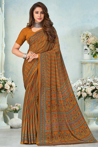 Crepe Silk Fabric Daily Wear Printed Uniform Saree In Artistic Mustard Color.